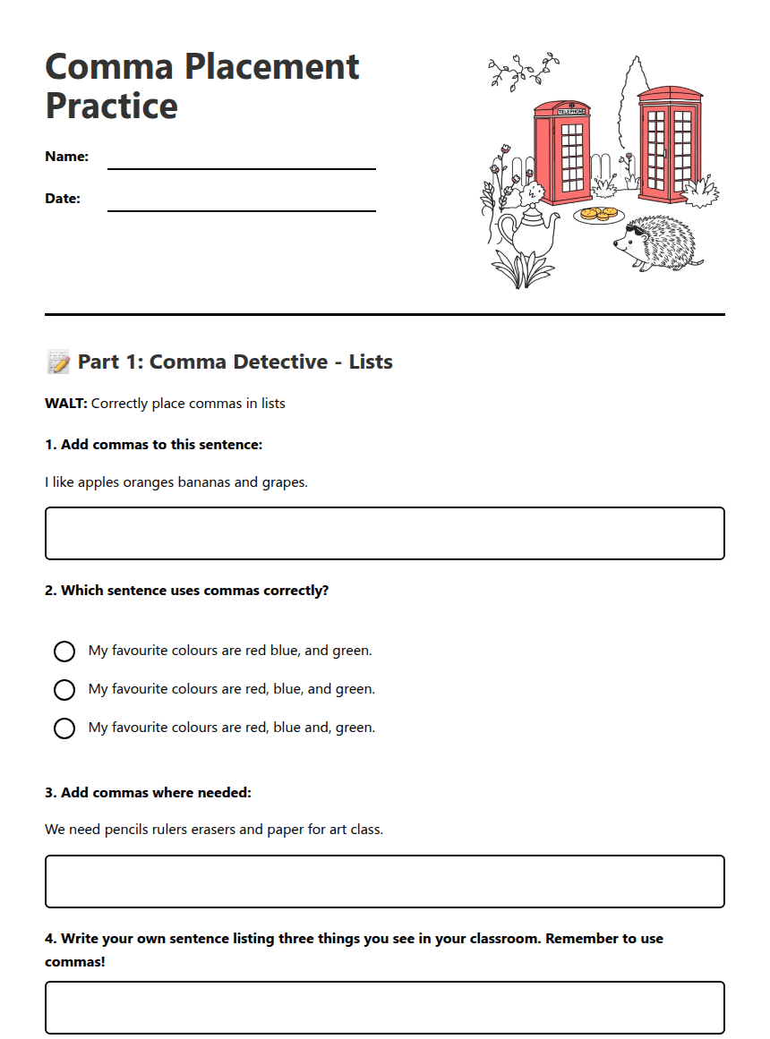 Comma Placement Practice worksheet preview