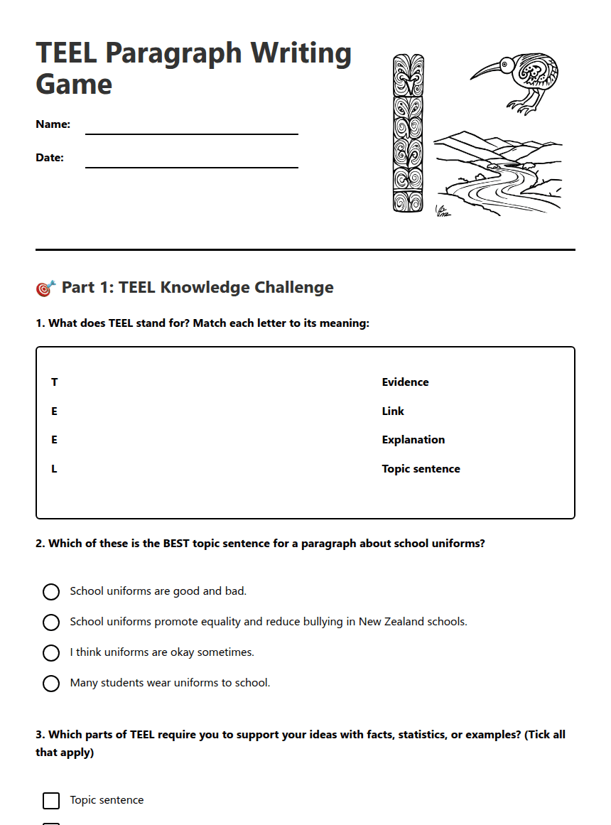 TEEL Paragraph Writing Game worksheet preview