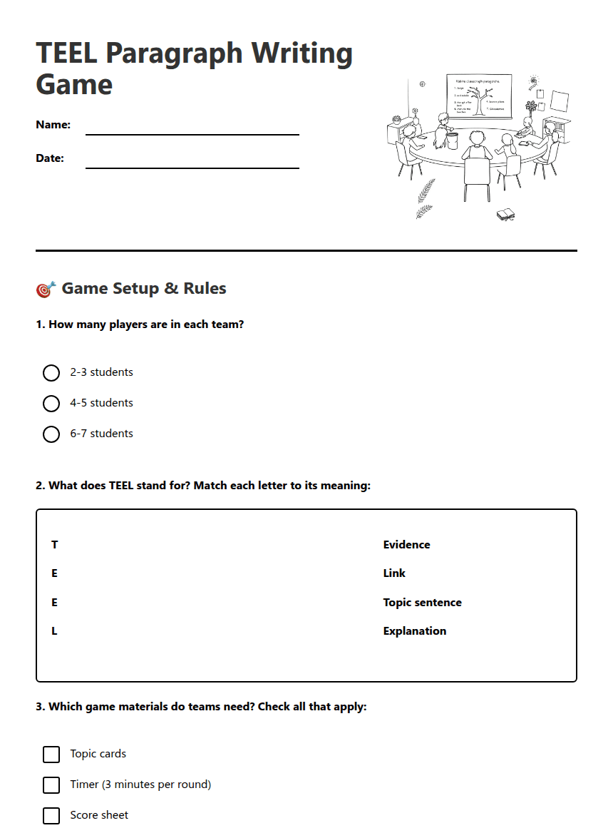 TEEL Paragraph Writing Game worksheet preview