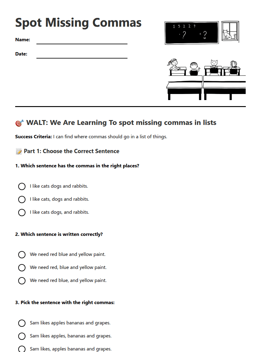Spot Missing Commas worksheet preview