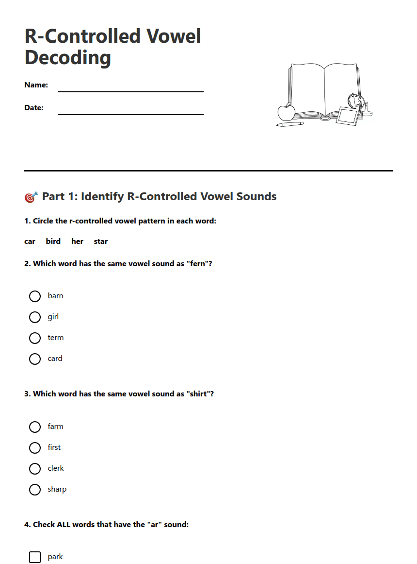 R-Controlled Vowel Decoding worksheet preview
