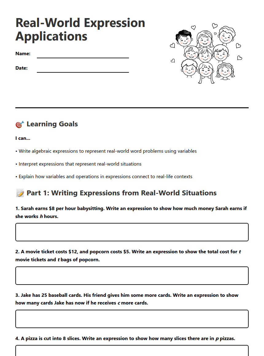 Real-World Expression Applications worksheet preview