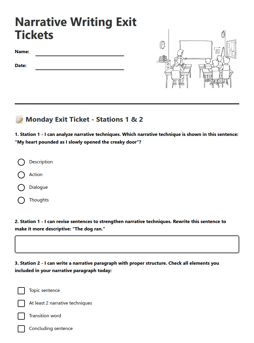 Narrative Writing Exit Tickets worksheet preview