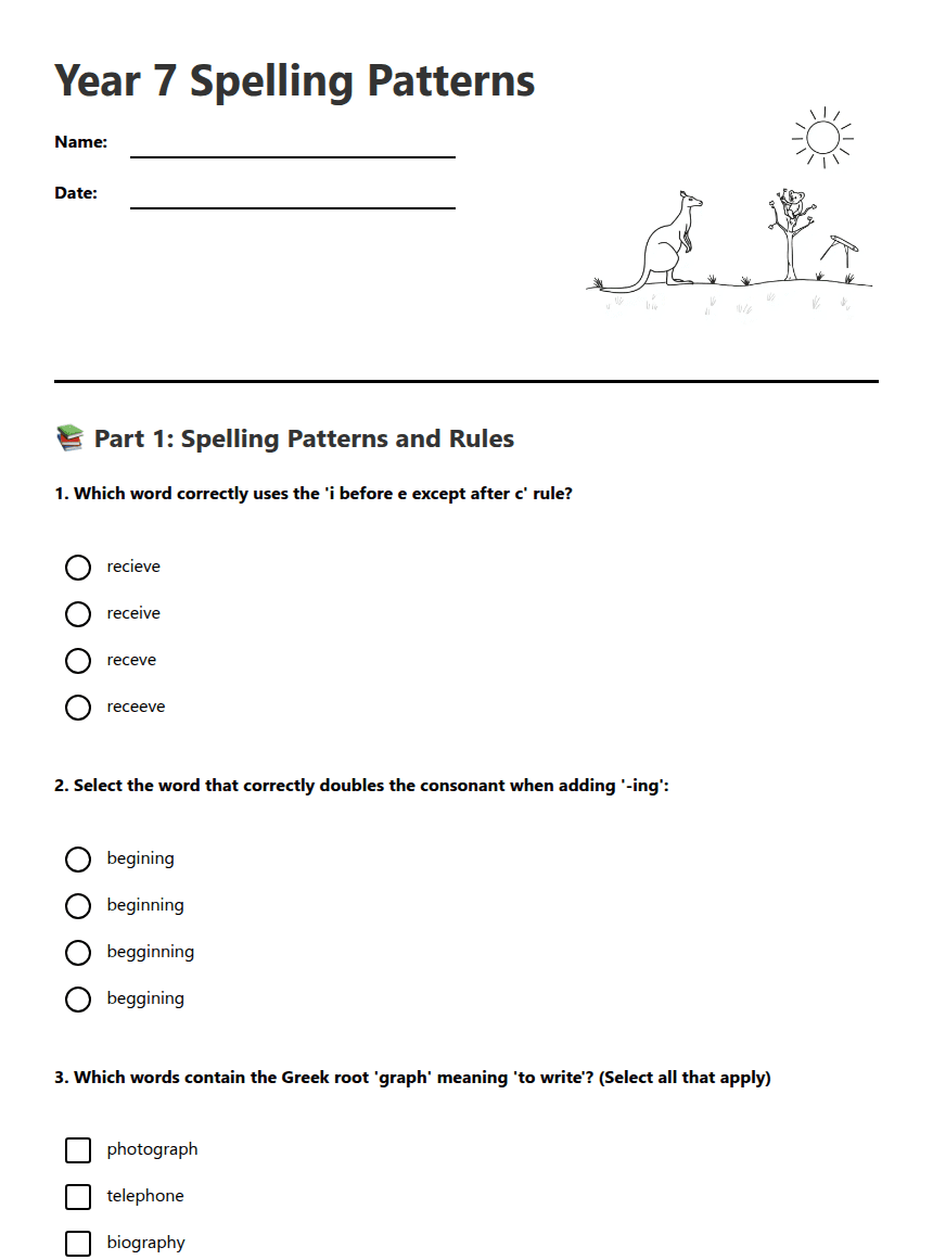 Year 7 Spelling Patterns worksheet preview