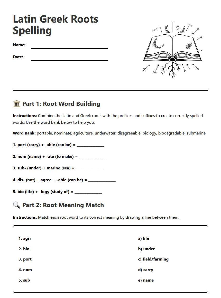 Latin Greek Roots Spelling worksheet preview