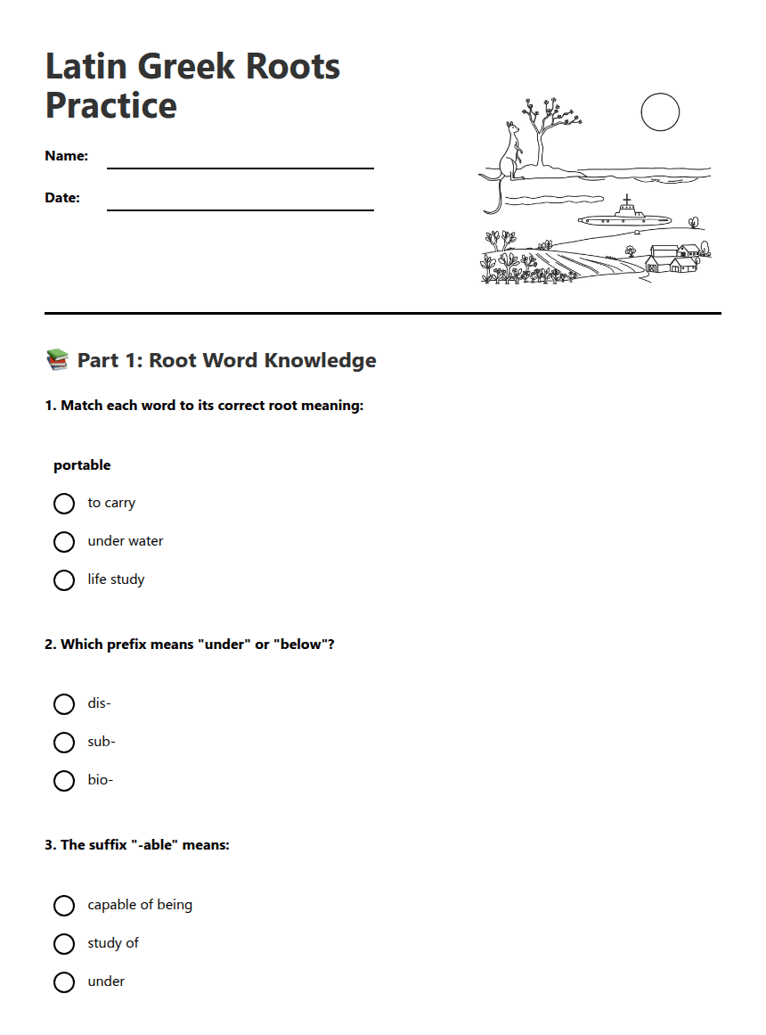 Latin Greek Roots Practice worksheet preview