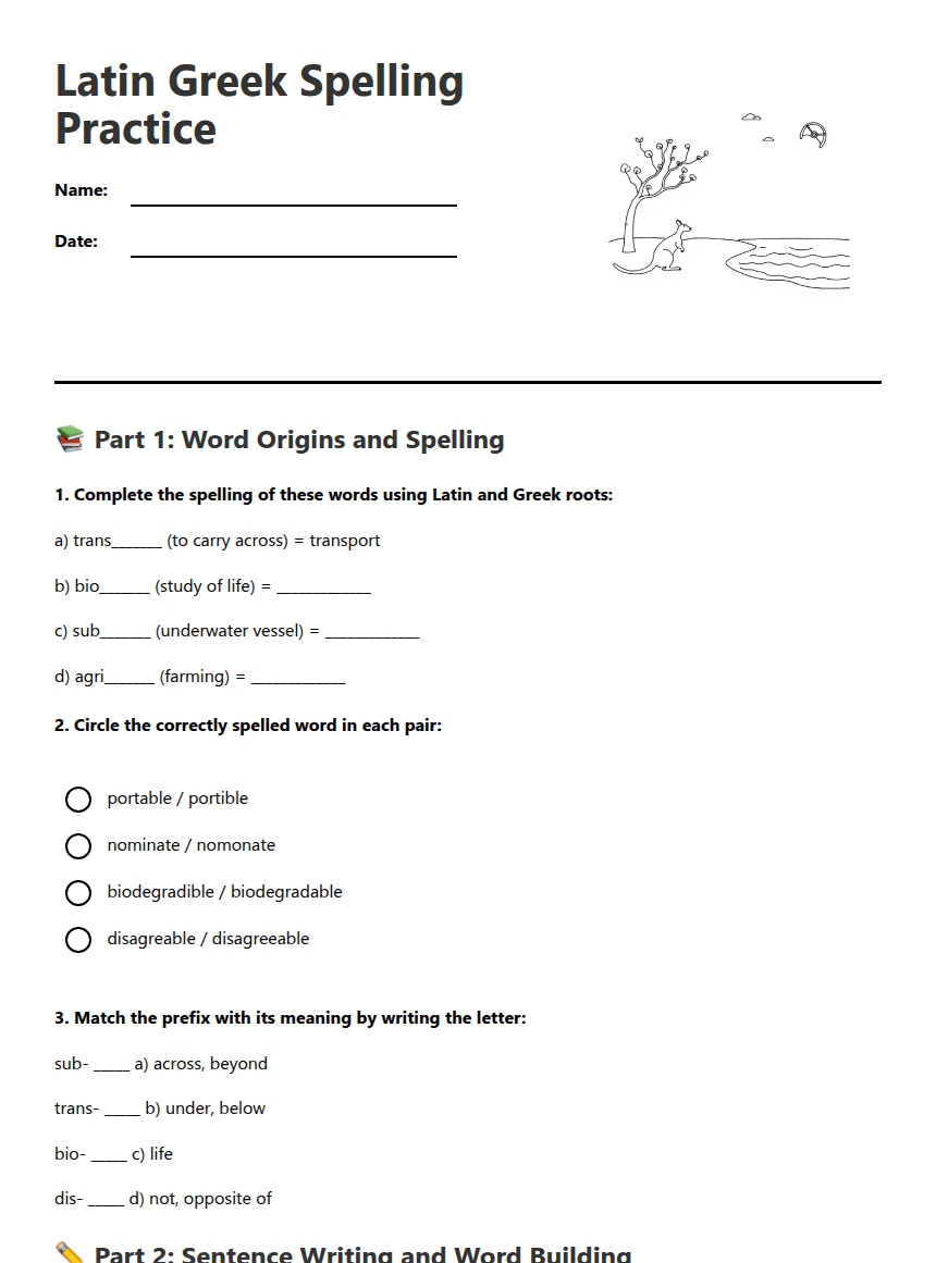 Latin Greek Spelling Practice worksheet preview
