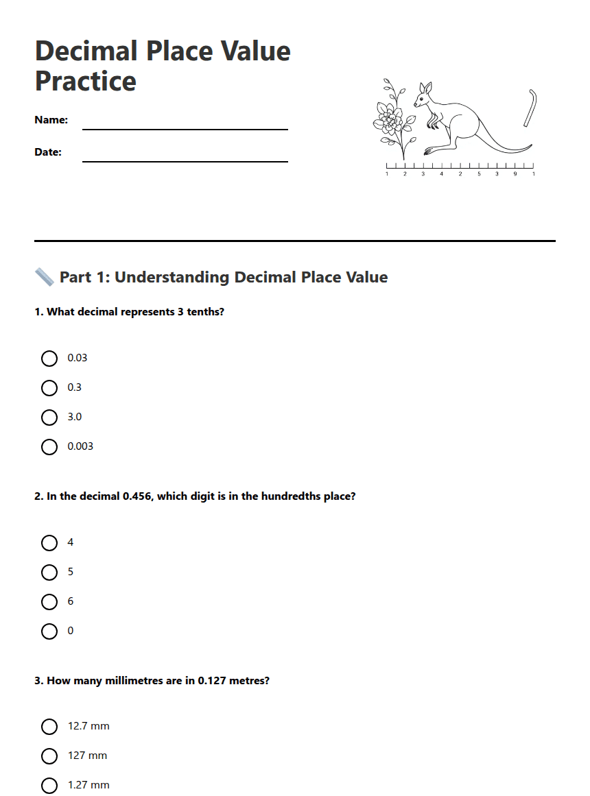 Decimal Place Value Practice worksheet preview