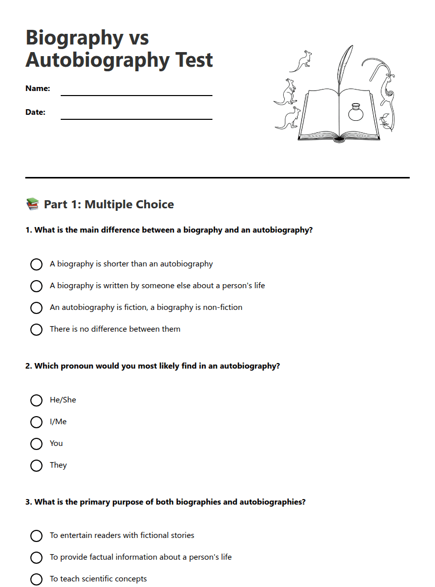 Biography vs Autobiography Test worksheet preview