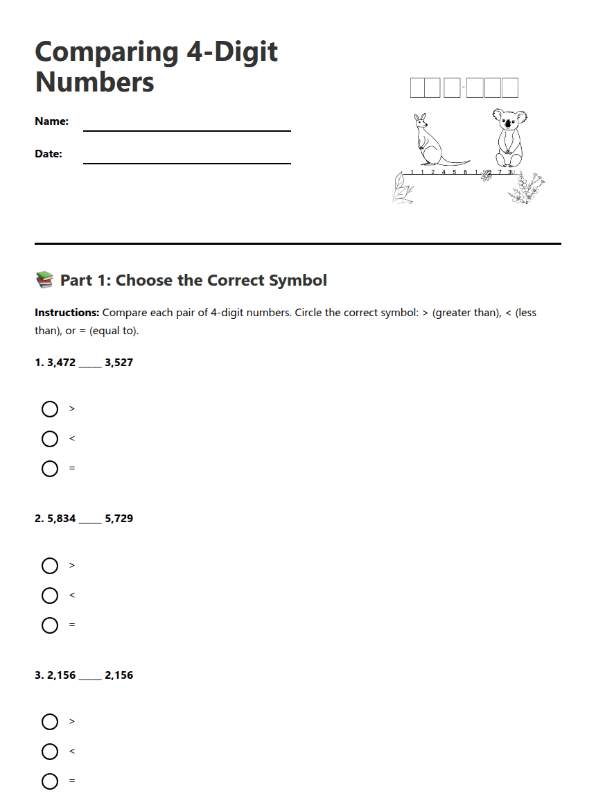 Comparing 4-Digit Numbers worksheet preview