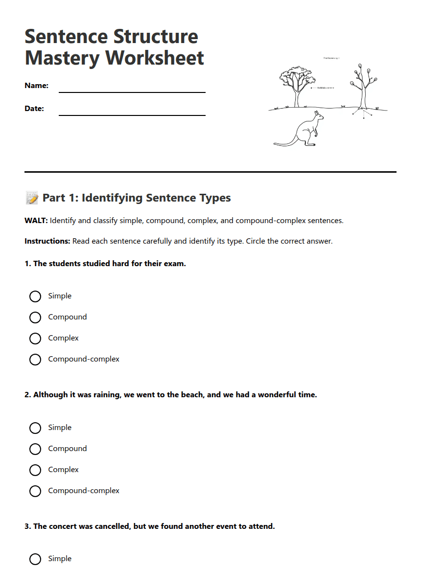 Sentence Structure Mastery Worksheet worksheet preview