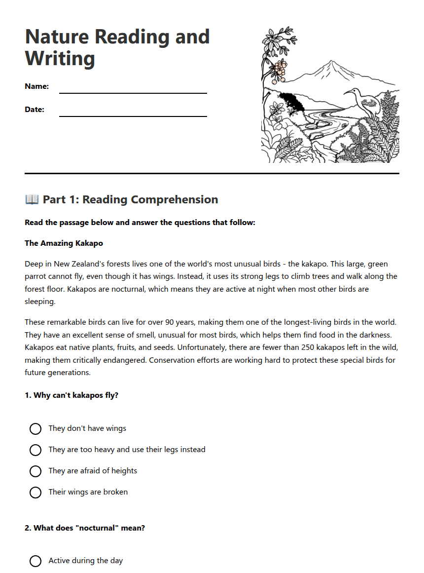 Nature Reading and Writing worksheet preview