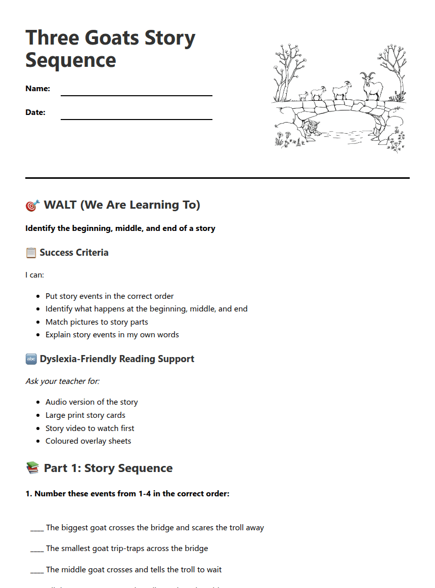 Three Goats Story Sequence worksheet preview