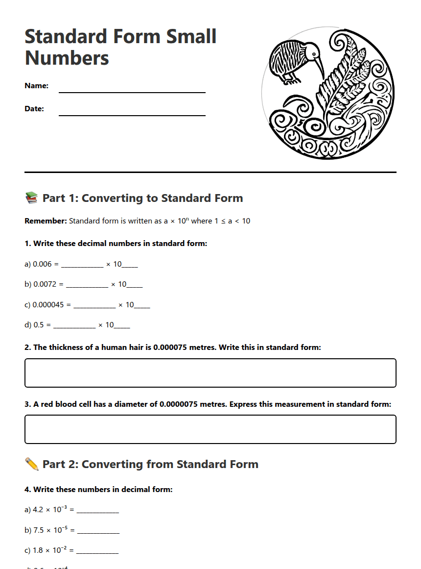 Standard Form Small Numbers worksheet preview