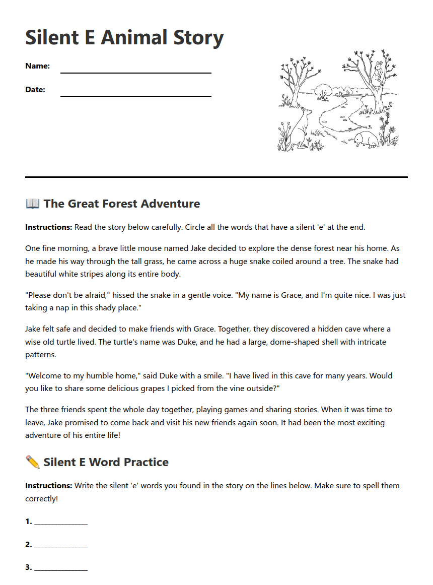 Silent E Animal Story worksheet preview
