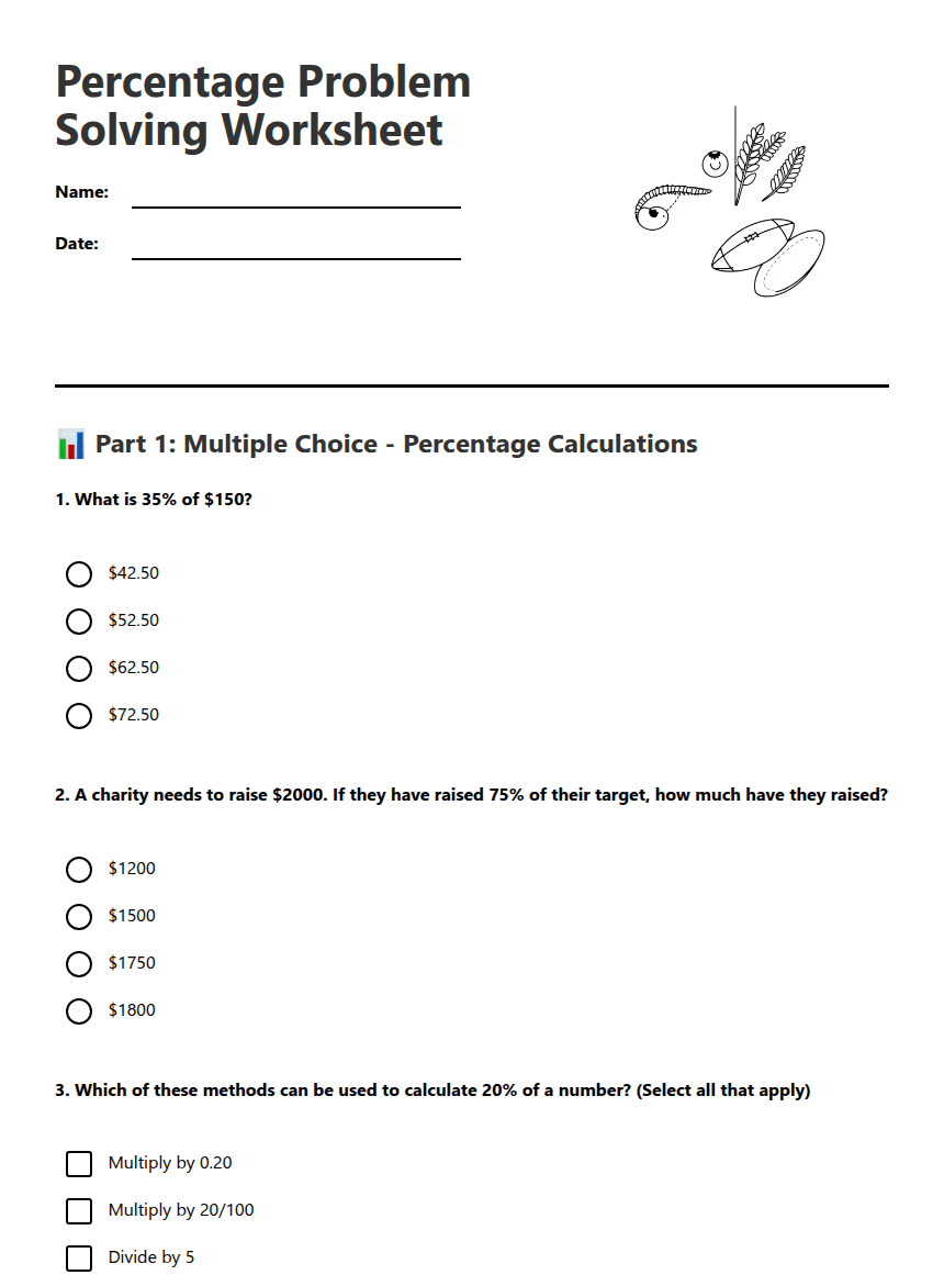 Percentage Problem Solving Worksheet worksheet preview