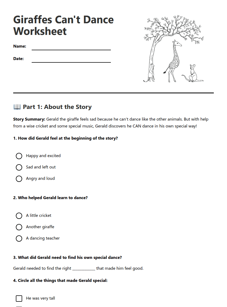 Giraffes Can't Dance Worksheet worksheet preview
