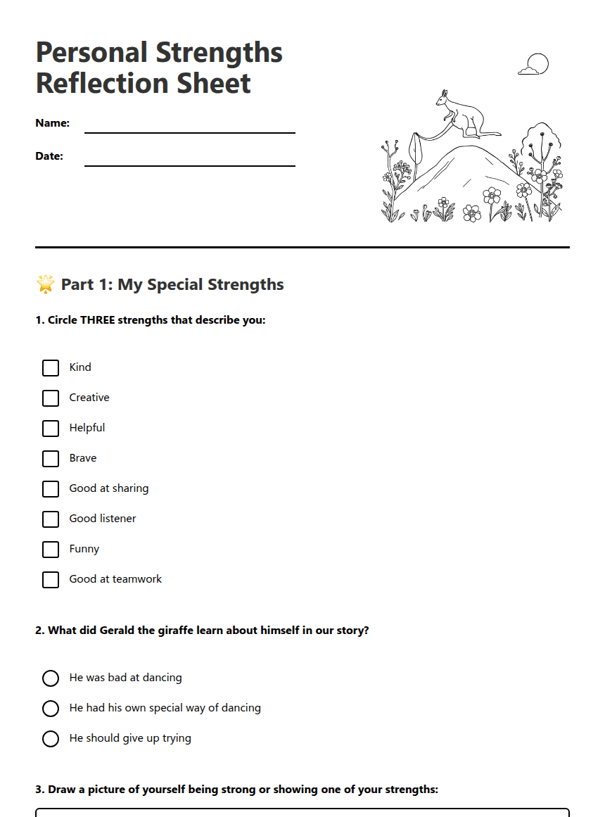Personal Strengths Reflection Sheet worksheet preview