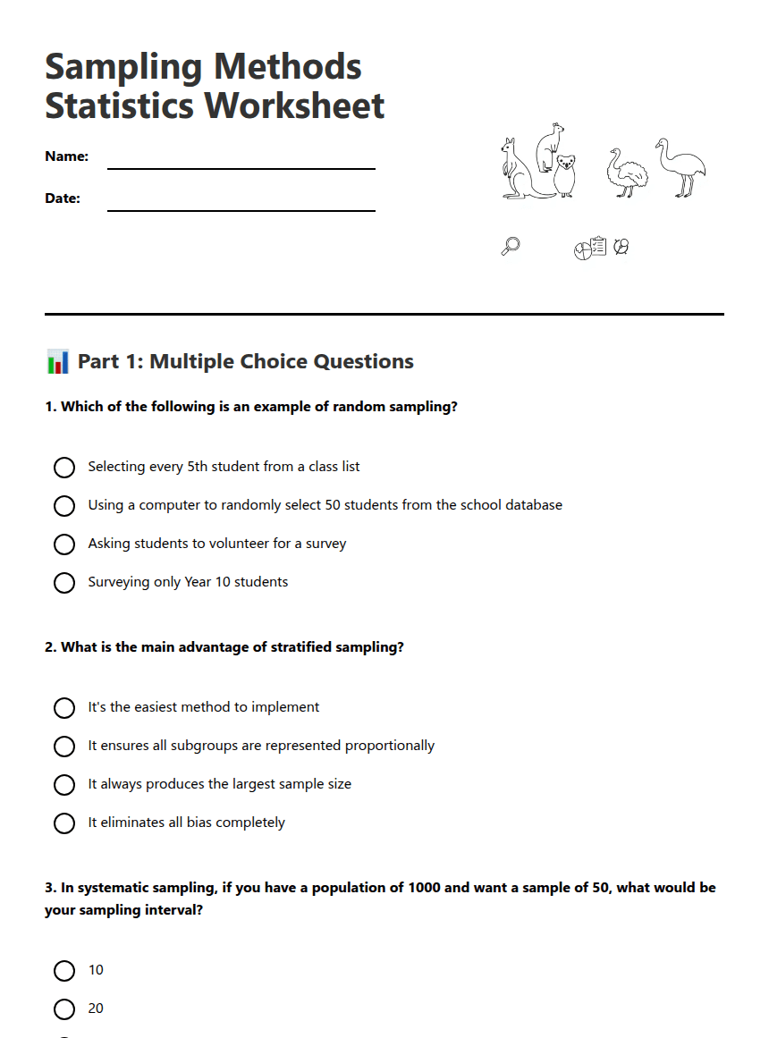 Sampling Methods Statistics Worksheet worksheet preview