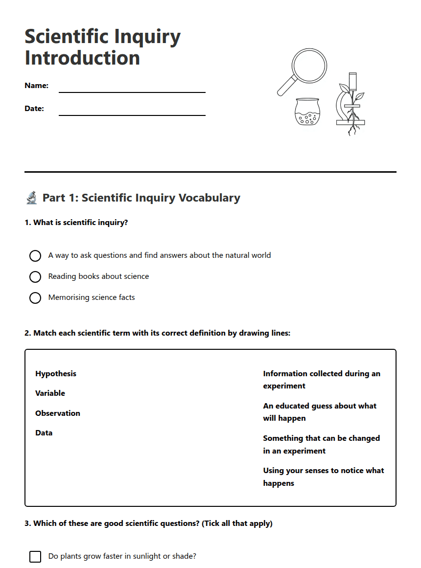 Scientific Inquiry Introduction worksheet preview