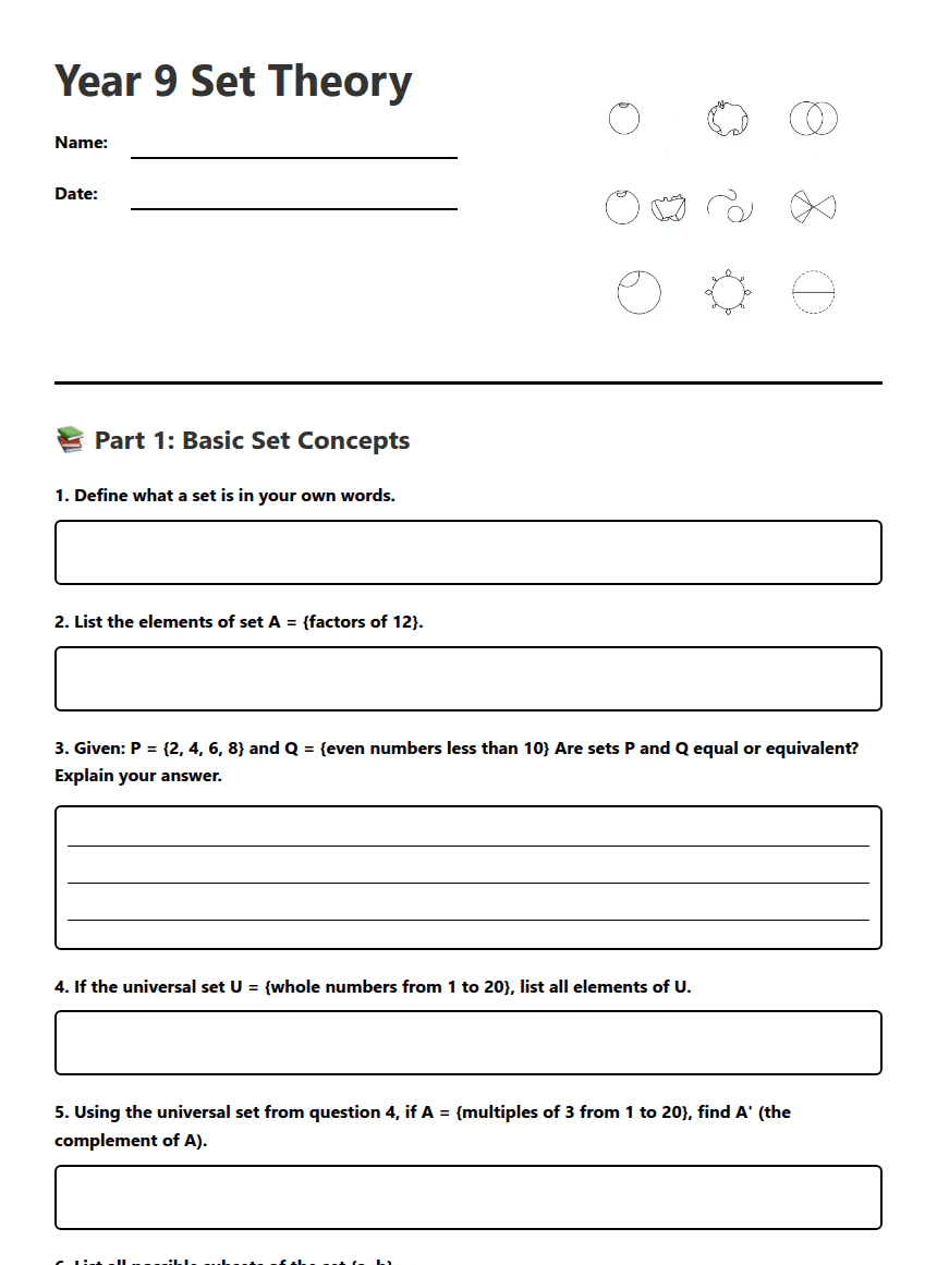 Year 9 Set Theory worksheet preview