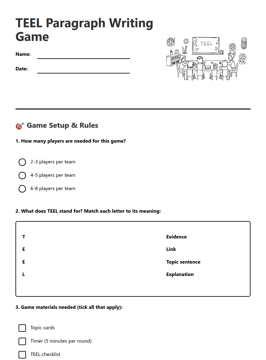 TEEL Paragraph Writing Game worksheet preview