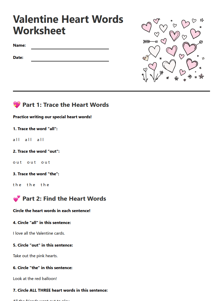 Valentine Heart Words Worksheet worksheet preview