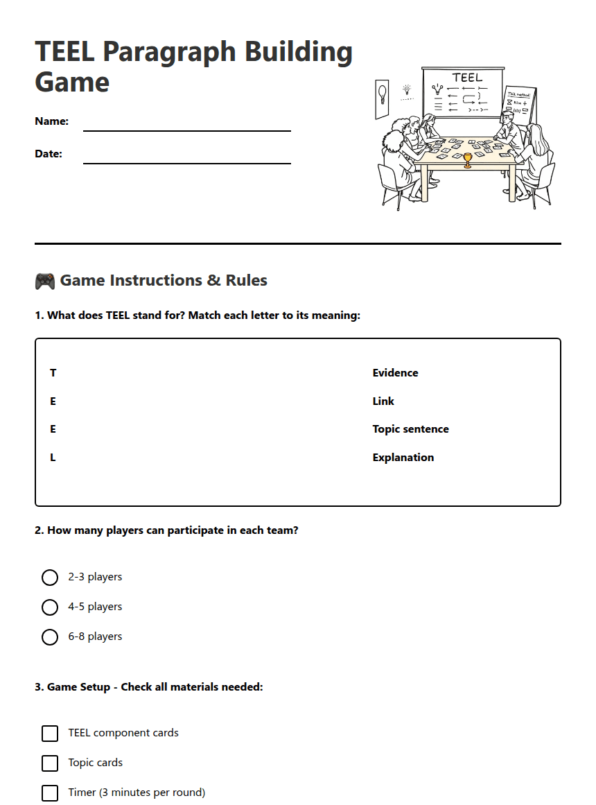 TEEL Paragraph Building Game worksheet preview