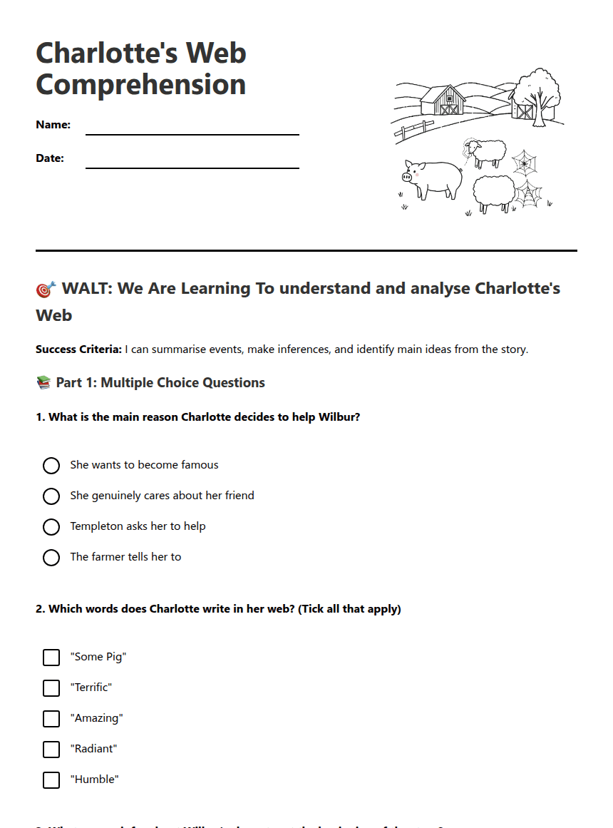 Charlotte's Web Comprehension worksheet preview