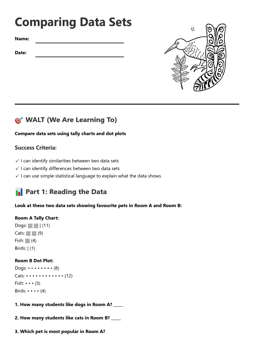 Comparing Data Sets worksheet preview