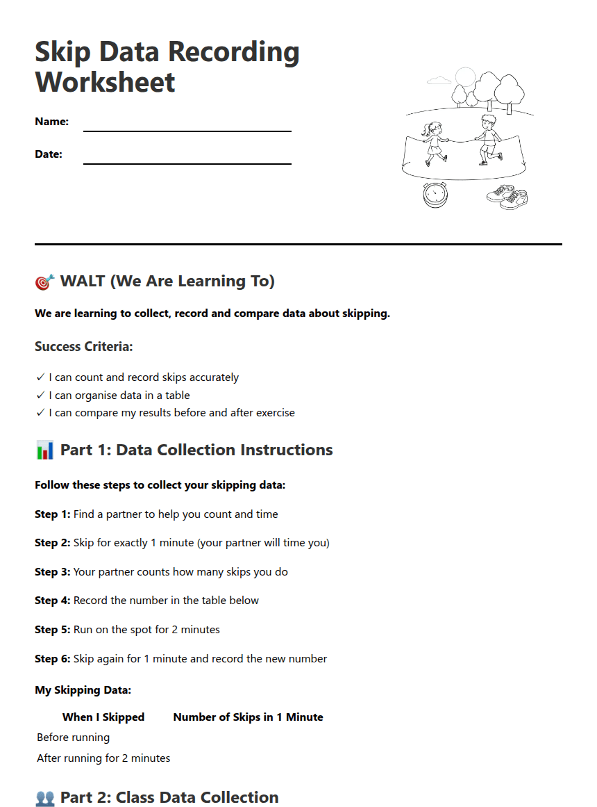 Skip Data Recording Worksheet worksheet preview