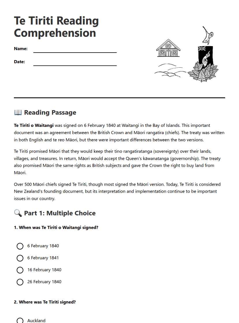 Te Tiriti Reading Comprehension