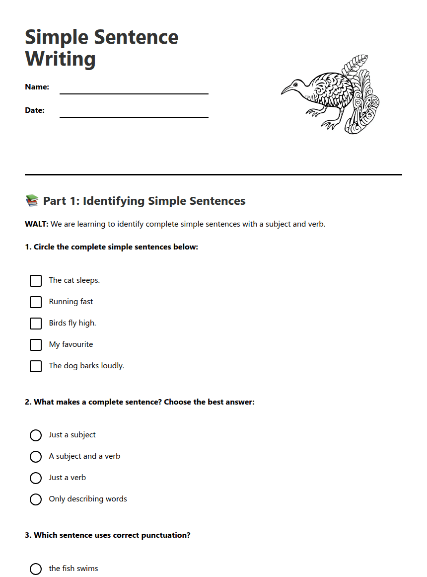 Simple Sentence Writing worksheet preview