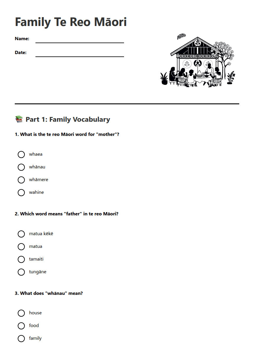 Family Te Reo Māori worksheet preview