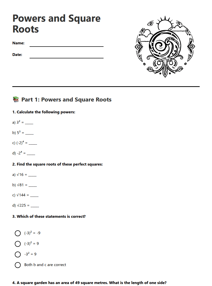 Powers and Square Roots worksheet preview