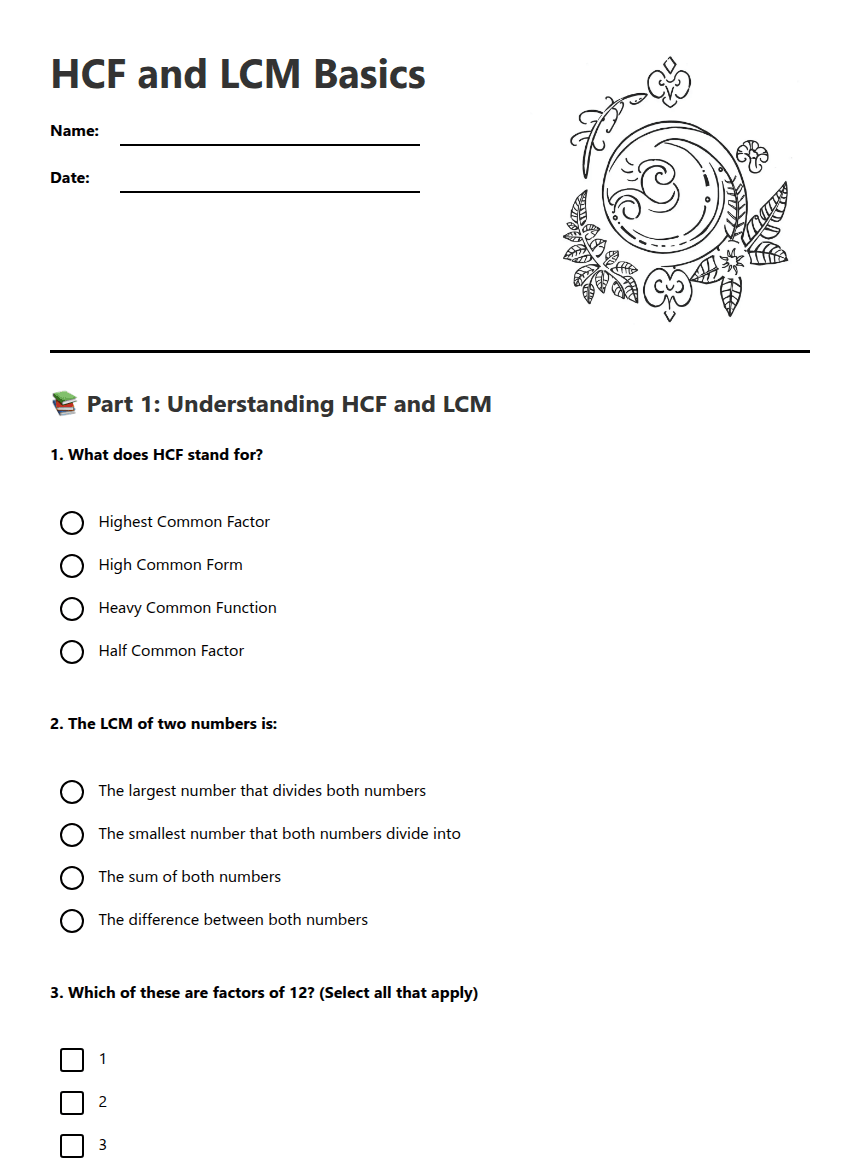 HCF and LCM Basics worksheet preview