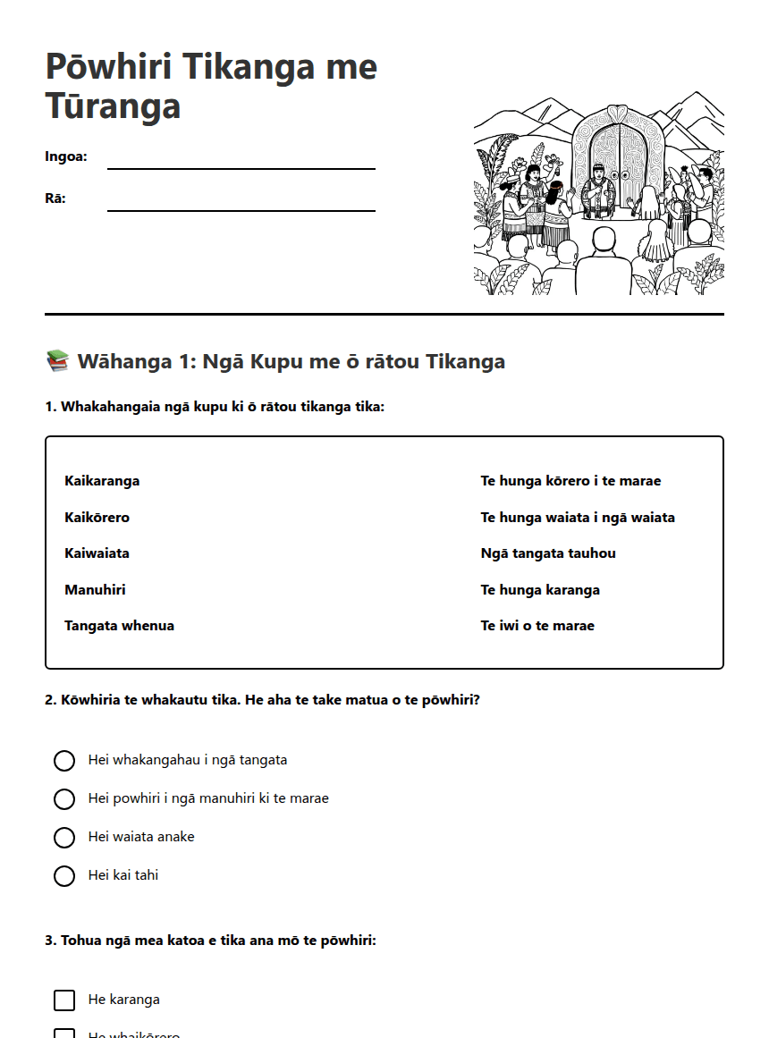 Pōwhiri Tikanga me Tūranga worksheet preview