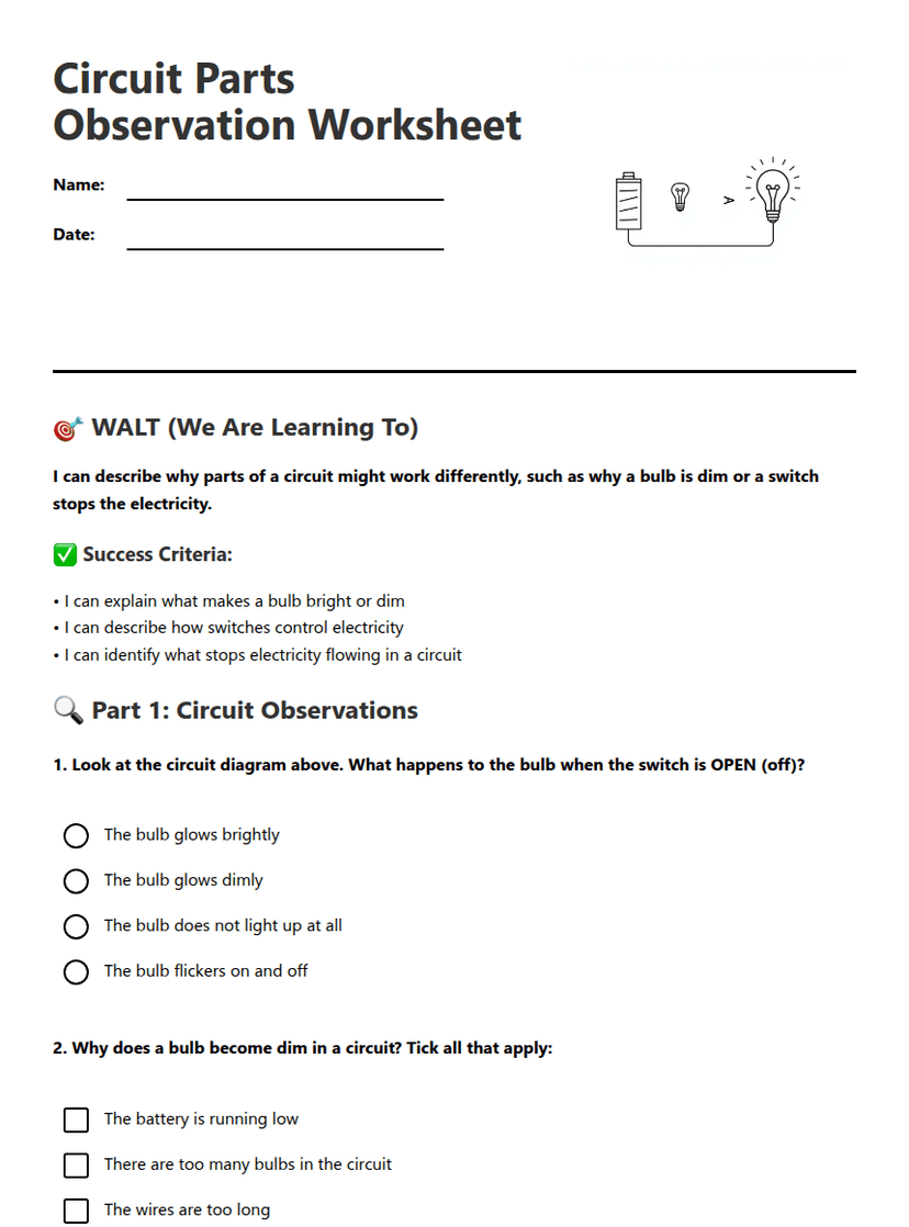 Circuit Parts Observation Worksheet