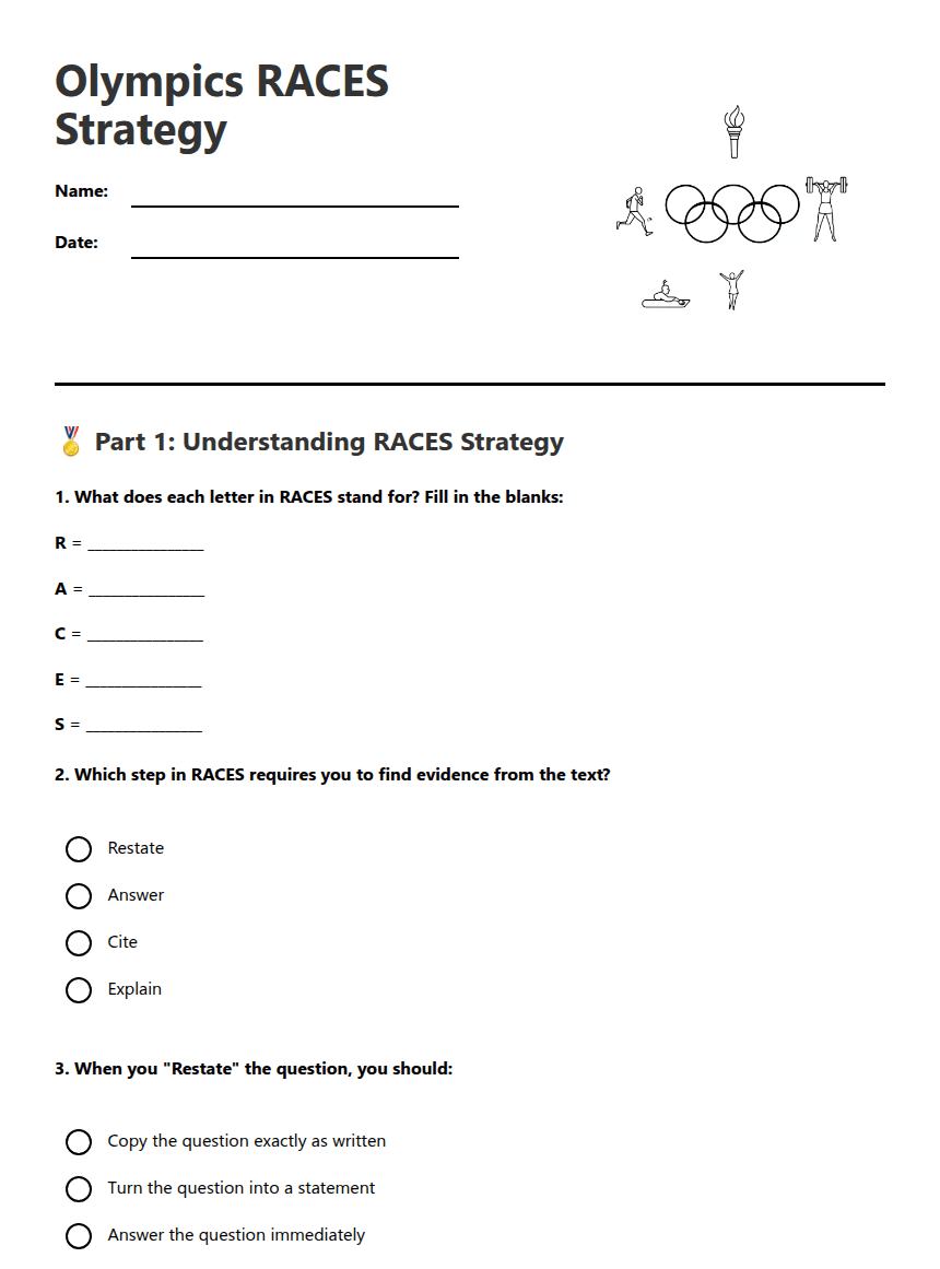 Olympics RACES Strategy worksheet preview