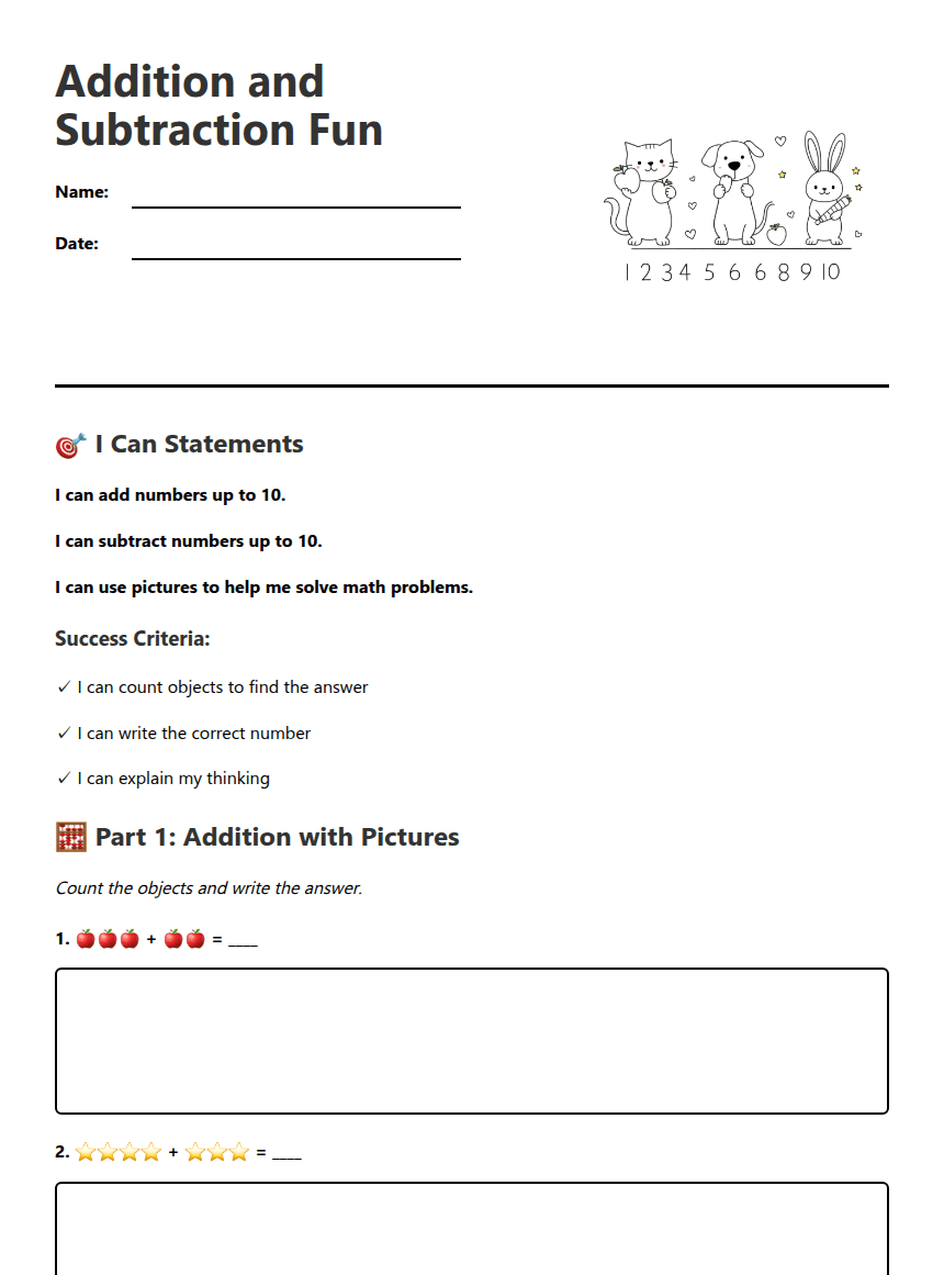 Addition and Subtraction Fun worksheet preview