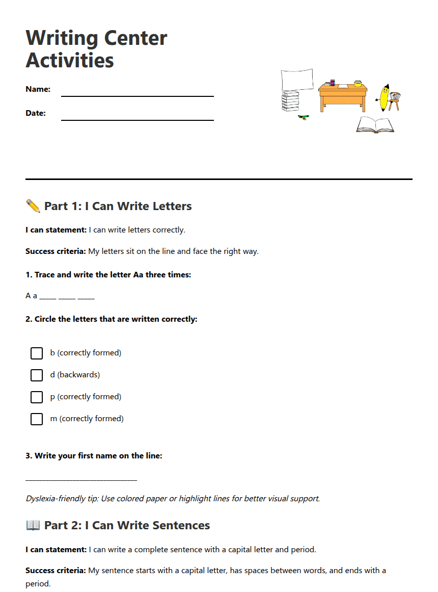 Writing Center Activities worksheet preview