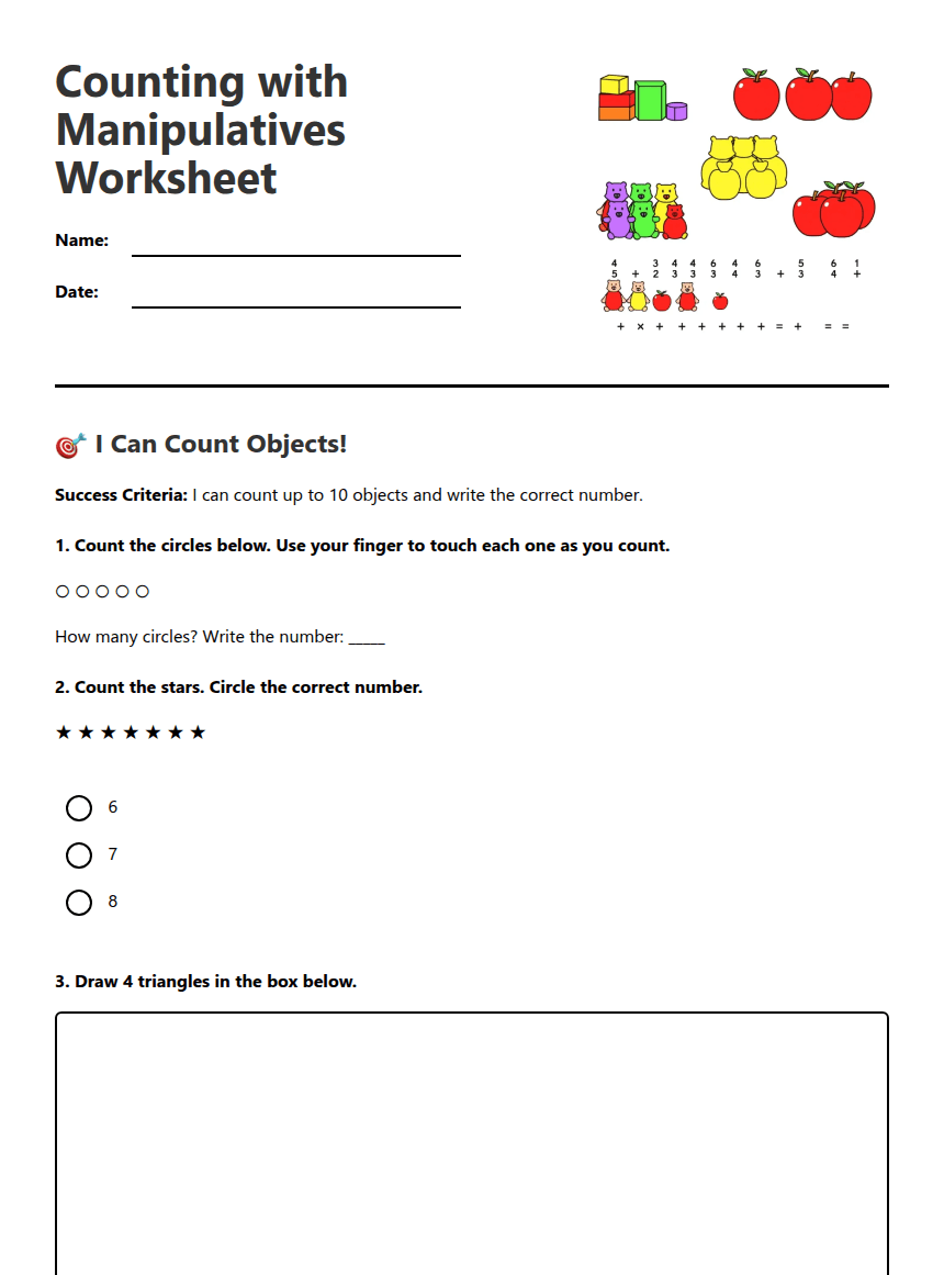 Counting with Manipulatives Worksheet worksheet preview