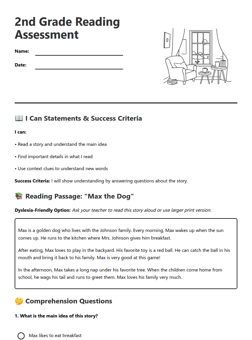 2nd Grade Reading Assessment worksheet preview