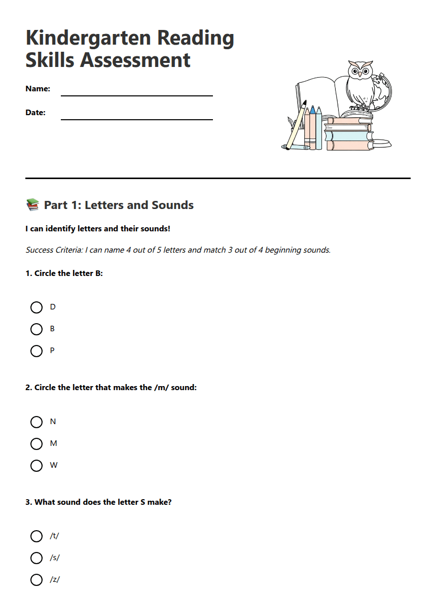 Kindergarten Reading Skills Assessment worksheet preview