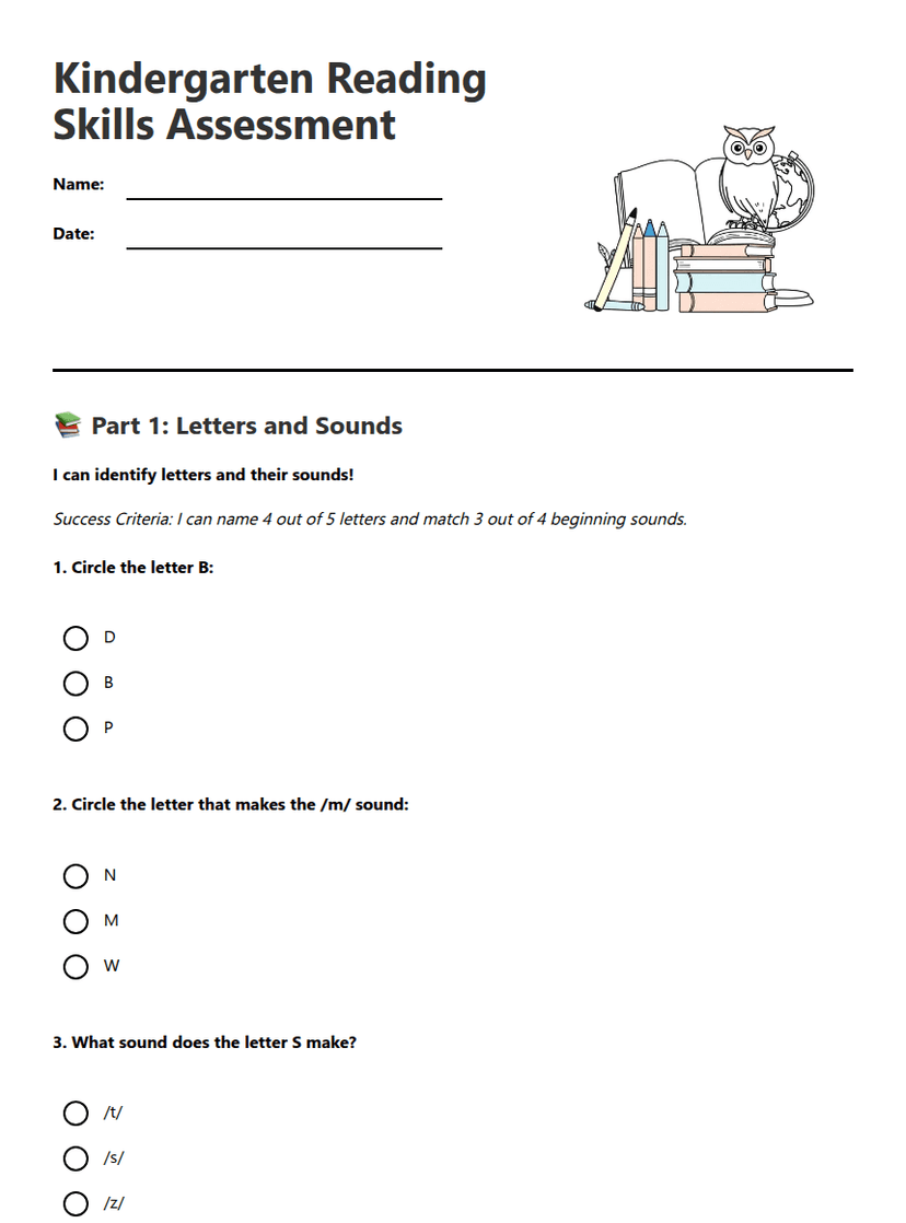 Kindergarten Reading Skills Assessment