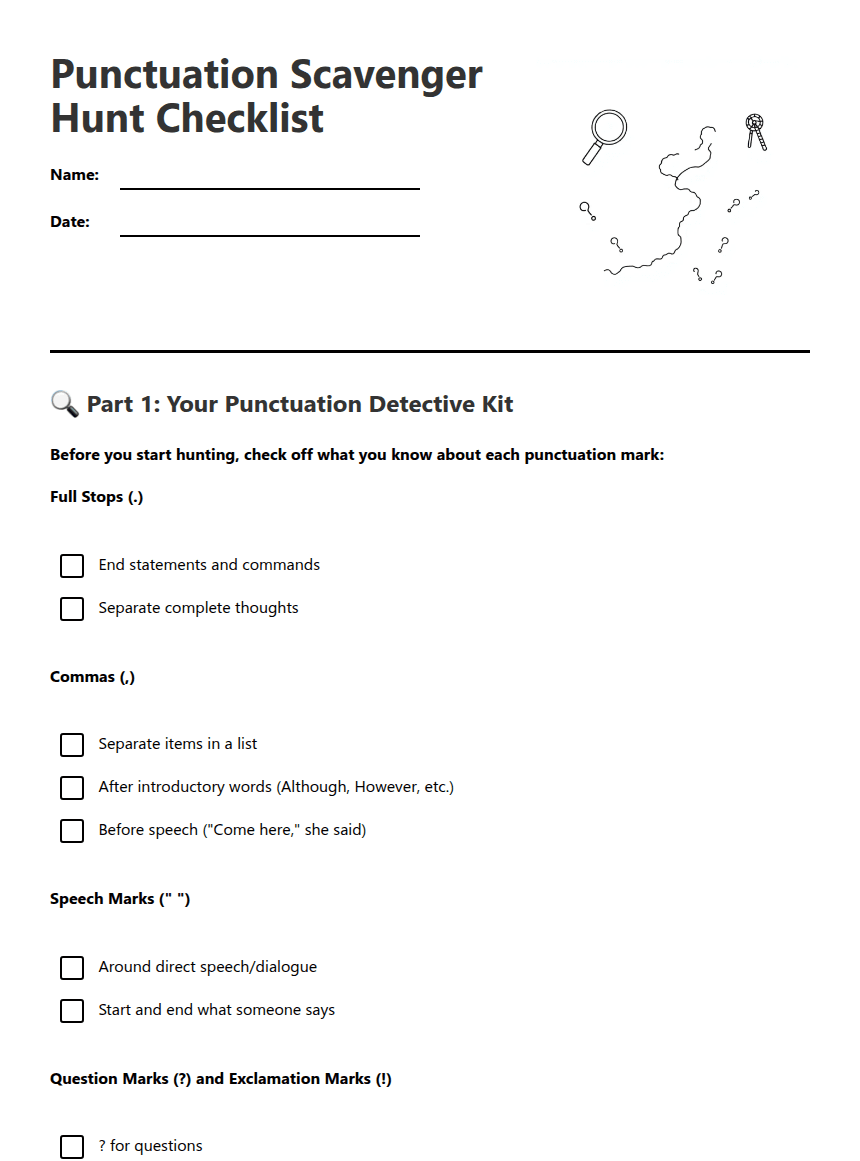 Punctuation Scavenger Hunt Checklist worksheet preview