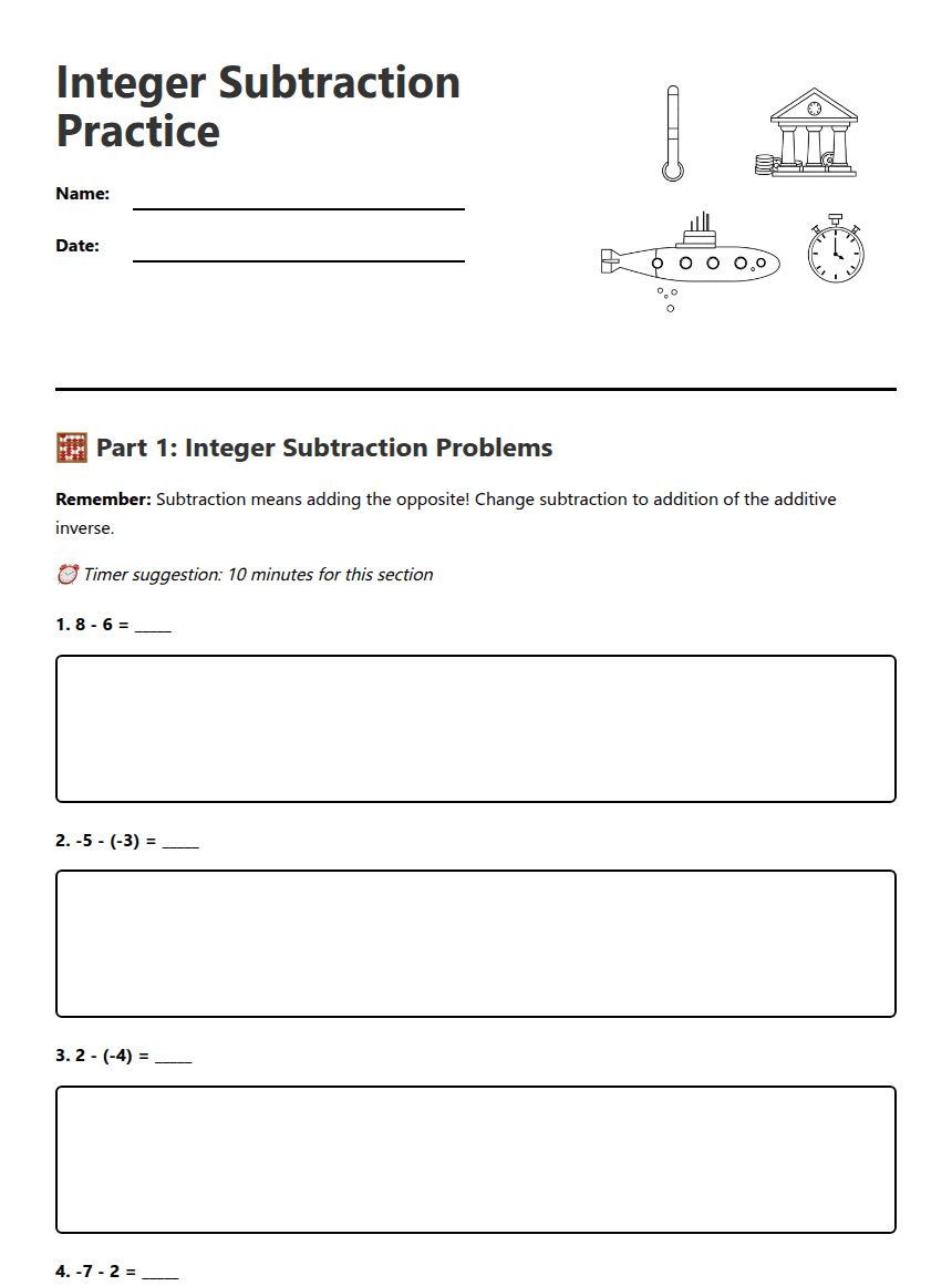Integer Subtraction Practice worksheet preview