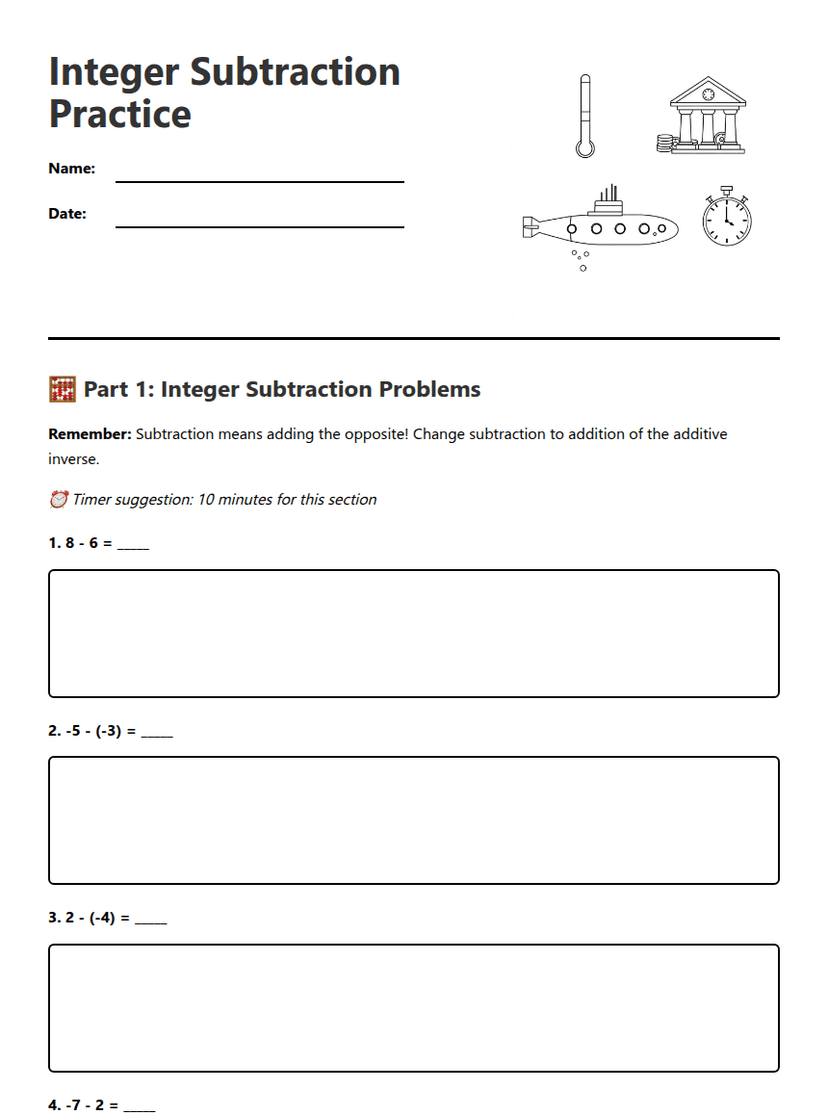 Integer Subtraction Practice