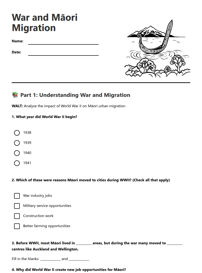 War and Māori Migration worksheet preview