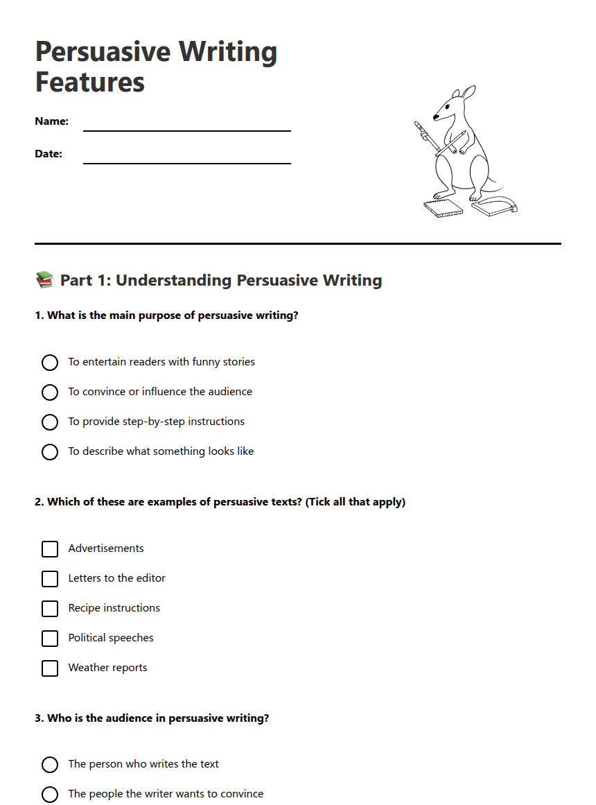 Persuasive Writing Features worksheet preview